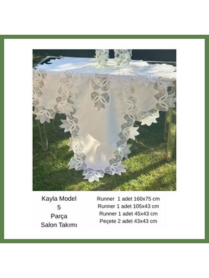 Bezos Salon Takımı 5 Parça Keten Masa Örtüsü Runner Seti Çeyizlik Kayla Model No 22252 Krem-Gümüş HB006