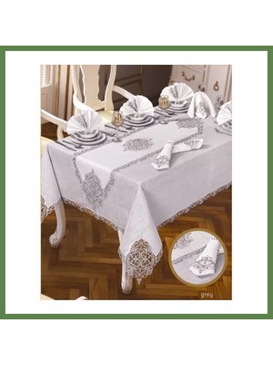 Bezos Elegant Linen Krem-Gümüş 26 Parça 12 Kişilik 160 × 260 cm Masa Takımı HB006