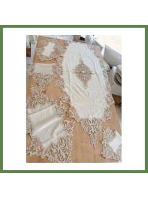 Bezos Salon Takımı Çeyizlik Krem Runner Set 5 Parça Kadife Masa Örtüsü Runneri Eva HB006