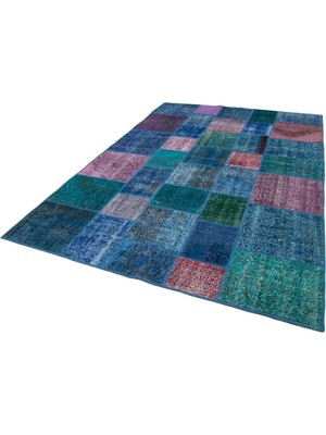 Hali.Net Mavi Halı El Dokuma Eskitme Stil Salon Halısı Modern Geometrik Desenli Yün Pamuk