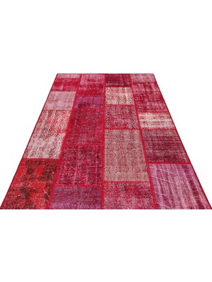 Hali.Net Kırmızı Patchwork Desenli El Dokuma Salon Halısı Modern Eskitme Stili Yün Pamuk Karışımı