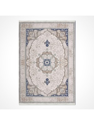 Bespoky Ekru Bej Klasik Madalyon Desenli Salon Halısı Yumuşak Akrilik Eskitme Vintage
