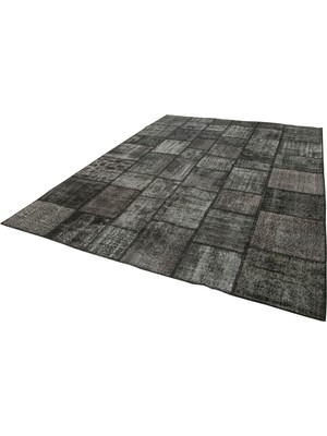 Bespoky Antrasit Gri El Dokuma Eskitme Salon Halısı Geometrik Patchwork Modern Tasarımlı