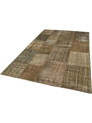 Hali.Net Kahverengi Patchwork Halı Geometrik Desenli Dokulu Yüzeyli El Dokuma Modern Salon Halısı