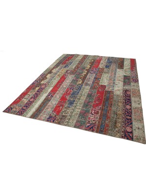 Bespoky Kırmızı Halı El Dokuma Eskitme Vintage Patchwork Desenli Salon ve Oturma Odası Halısı