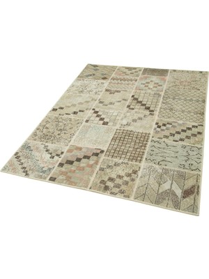 Hali.Net Bej El Dokuma Salon Halısı Bohem Patchwork Desenli Yumuşak Doku Yatak Odası