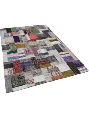 Bespoky Gri Kilim Etnik Patchwork Desenli Şık Salon Kilimi El Dokuma Pamuk Yün Koridor