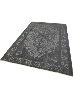 Bespoky Gri Halı Desenli El Dokuma Klasik Stil Salon Halısı Eskitme Vintage Pamuk Yün