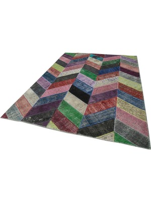 Hali.Net Kırmızı Halı El Dokuma Geometrik Patchwork Eskitme Stili Salon Oturma Odası Halısı