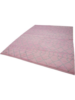 Hali.Net Pembe El Dokuma Salon Halısı Modern Geometrik Desenli Yün Pamuk Karışımı Orta Havlı