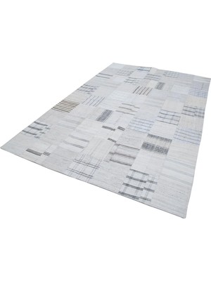 Bespoky Beyaz El Dokuma Salon Kilimi Geometrik Desenli Yünlü Modern Stil Koridor