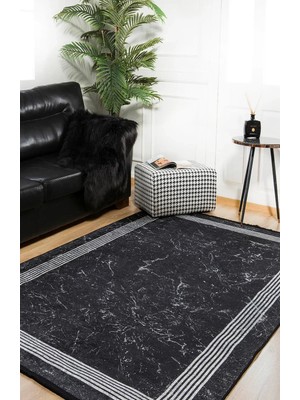 Bespoky Siyah Halı Modern Geometrik Desenli Kaymaz Taban Dokuma Halı Koridor Salon