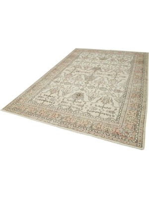 Bespoky Krem Klasik Madalyonlu El Dokuma Yün Salon Halısı Bej Tonları Vintage Stil