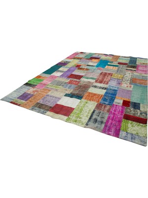 Bespoky Kırmızı El Dokuma Salon Halısı Eskitme Patchwork Geometrik Desenli Model