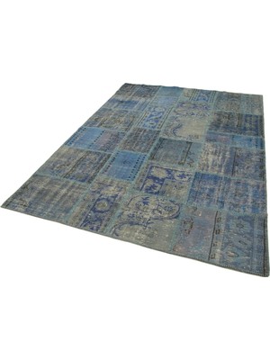 Bespoky Mavi El Dokuma Salon Halısı Eskitme Vintage Patchwork Tasarım Yatak Odası Dekorasyonu