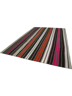 Bespoky Siyah Kilim El Dokuma Çok Renkli Çizgili Modern Salon Kilimi Bohem Model