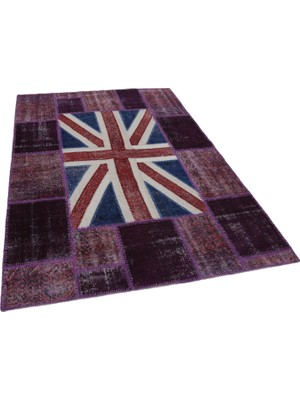 Bespoky El Dokuma Salon Halısı Mor Krem Geometrik Patchwork Desenli Modern Yatak Odası Stili