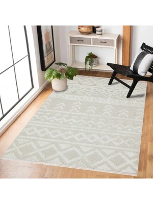 Bespoky Krem Halı Dijital Baskı Geometrik Motifli Yıkanabilir Kaymaz Tabanlı Model