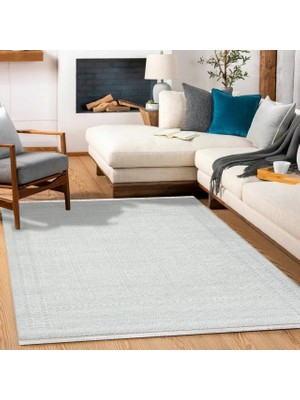 Bespoky Beyaz Modern Geometrik Desenli Yıkanabilir Salon Halısı Kaymaz Tabanlı