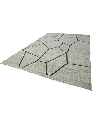 Bespoky Gri Halı Geometrik Desenli Modern Salon Halısı El Dokuma Yünlü Yapı Yatak Odası
