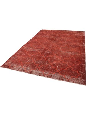 Bespoky Kırmızı Halı Eskitme Geometrik Desenli El Dokuma Salon ve Oturma Odası Halısı