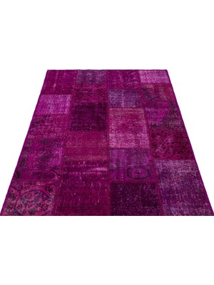 Hali.Net El Dokuma Yün Salon Halısı Canlı Fuşya Eskitme Patchwork Desenli Modern Bohem Stil