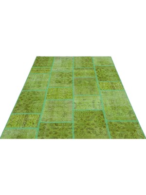 Hali.Net Yeşil Halı Modern Patchwork Desenli Yün El Dokuma Salon Mutfak Yatak Odası Halısı