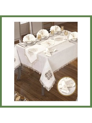 Bezos Lisa Linen Krem 26 Parça 12 Kişilik Premium 160 × 260 cm Masa Seti HB006