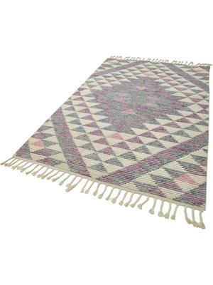 Bespoky Krem Halı El Dokuma Salon Halısı Gri Tonlu Modern Geometrik Desenli Bohem Stil