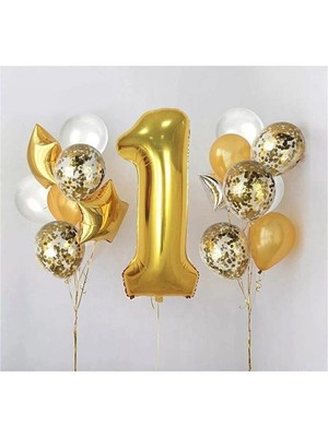 Vuralsin38 Bkmc 1 Yaş Gold Folyo Balon Şeffaf Balon Seti Doğum Günü Parti Seti Gold BMCNM270