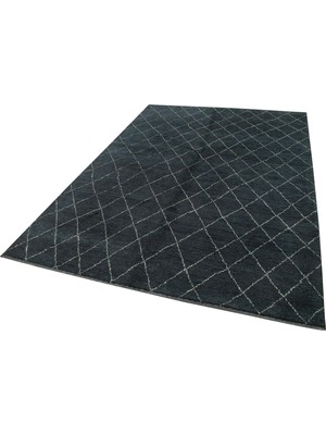 Bespoky El Dokuma Salon Halısı Beyaz Antrasit Mavi Geometrik Desenli Modern Stil Yatak Odası