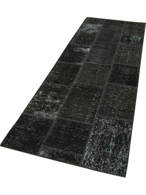 Bespoky Antrasit Gri Patchwork Yolluk Geometrik Desenli El Dokuma Yün Pamuk Salon Halısı
