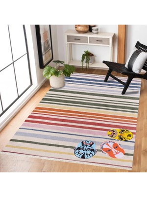 Bespoky Krem Çizgili Modern Dijital Baskı Kaymaz Tabanlı Salon Halısı Bohem Polyester