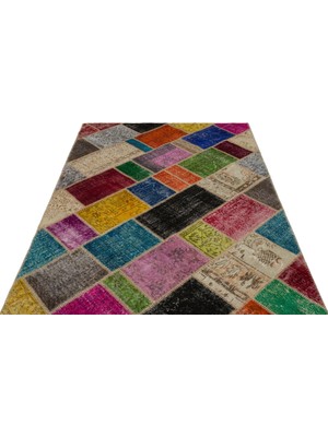 Bespoky Krem Çok Renkli Geometrik Desenli Salon Halısı El Dokuma Eskitme Vintage Yün