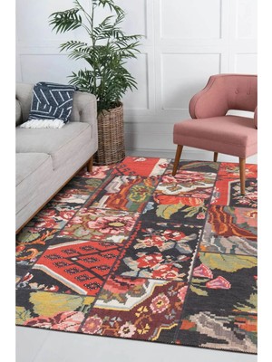 Bespoky Kiremit Çok Renkli Patchwork Desenli Dijital Baskı Salon Halısı Kaymaz Tabanlı