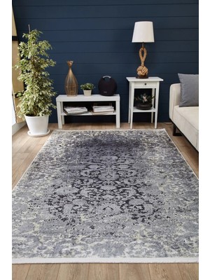 Hali.Net Gri Halı Modern Eskitme Desenli Kaymaz Tabanlı Salon Halısı Polyester Vintage