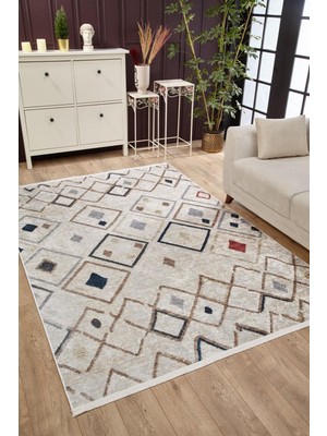 Hali.Net Bej Halı Modern Geometrik Desenli Yıkanabilir Kaymaz Taban Salon Halısı