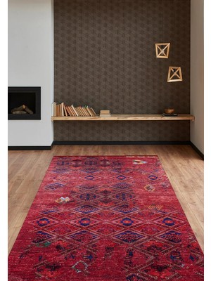 Bespoky Kırmızı Etnik Geometrik Desenli Dijital Baskı Salon Halısı Kaymaz Taban