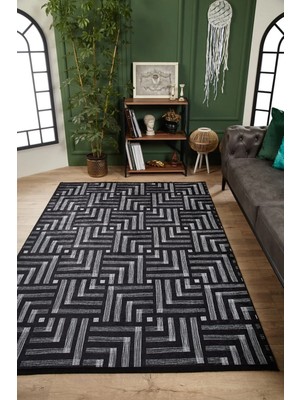 Hali.Net Gri Geometrik Desenli Kaymaz Tabanlı Modern Salon Halısı Dijital Baskı