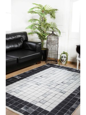 Bespoky Dijital Baskı Siyah Beyaz Geometrik Desenli Kaymaz Tabanlı Modern Salon Halısı