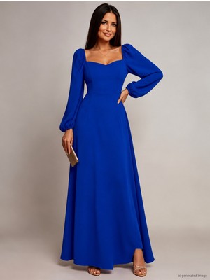 Moda Loris Kadın Uzun Kollu Kalp Yakalı Yırtmaçlı Uzun Ithal Krep Elbise