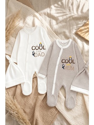 Aymora Bebek Pamuklu 2'li Tulum ve Şapka Seti - Cool Like Dad & Mum Serisi - Yeni Doğan Antialerjik Ayaklı Uyku Tulumu Takımı