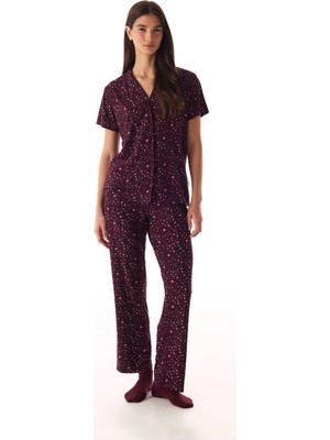 Penti Bordo Leopar Fitilli Kısa Kollu Gömlek Pantolon Pijama Takımı