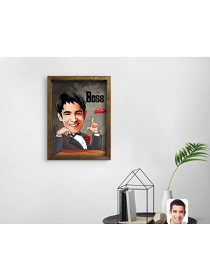 BK Gift Kişiye Özel Boss Karikatürlü Doğal Masif Ahşap Çerçeveli Tablo 45X65CM-3