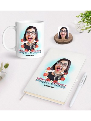 BK Gift Kişiye Özel Kadınlar Günü Dünya Güzeli Karikatürlü Beyaz Defter Kalem ve Kupa Seti-1