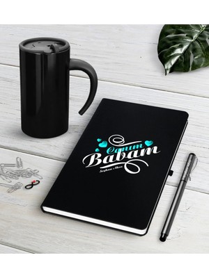 BK Gift Kişiye Özel Canım Babam Siyah Defter Kalem Termos Mug Seti-7