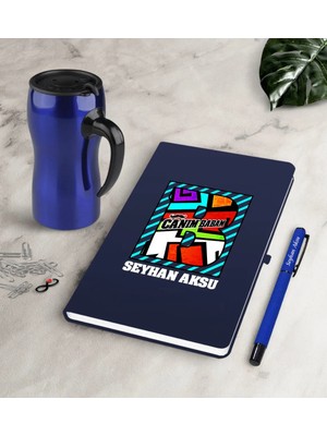 BK Gift Kişiye Özel Canım Babam Lacivert Defter Kalem Termos Mug Seti-3