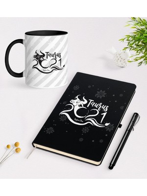 BK Gift Kişiye Özel 2023 Boğa Burcu Siyah Defter Kalem ve Kupa Seti