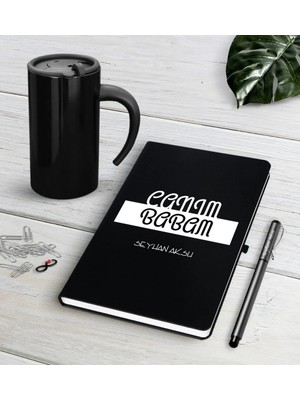BK Gift Kişiye Özel Canım Babam Siyah Defter Kalem Termos Mug Seti-4