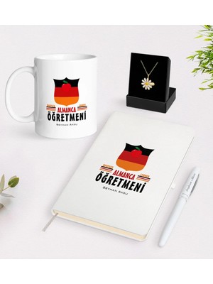 BK Gift Kişiye Özel Almanca Öğretmeni Beyaz Kupa Defter Kalem ve Isimli Papatya Kolye Hediye Seti